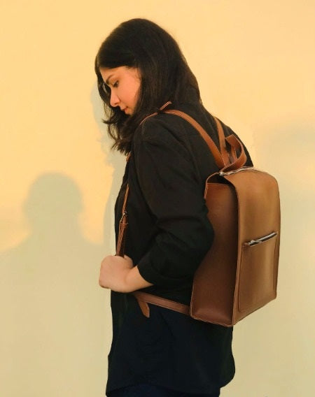 Brown valvet & Leather Backpacks For women-Chic Zipper Closure Backpack 557-2 GALAXY BAGS