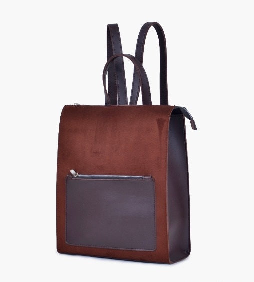 Brown valvet & Leather Backpacks For women-Chic Zipper Closure Backpack 557-2 GALAXY BAGS