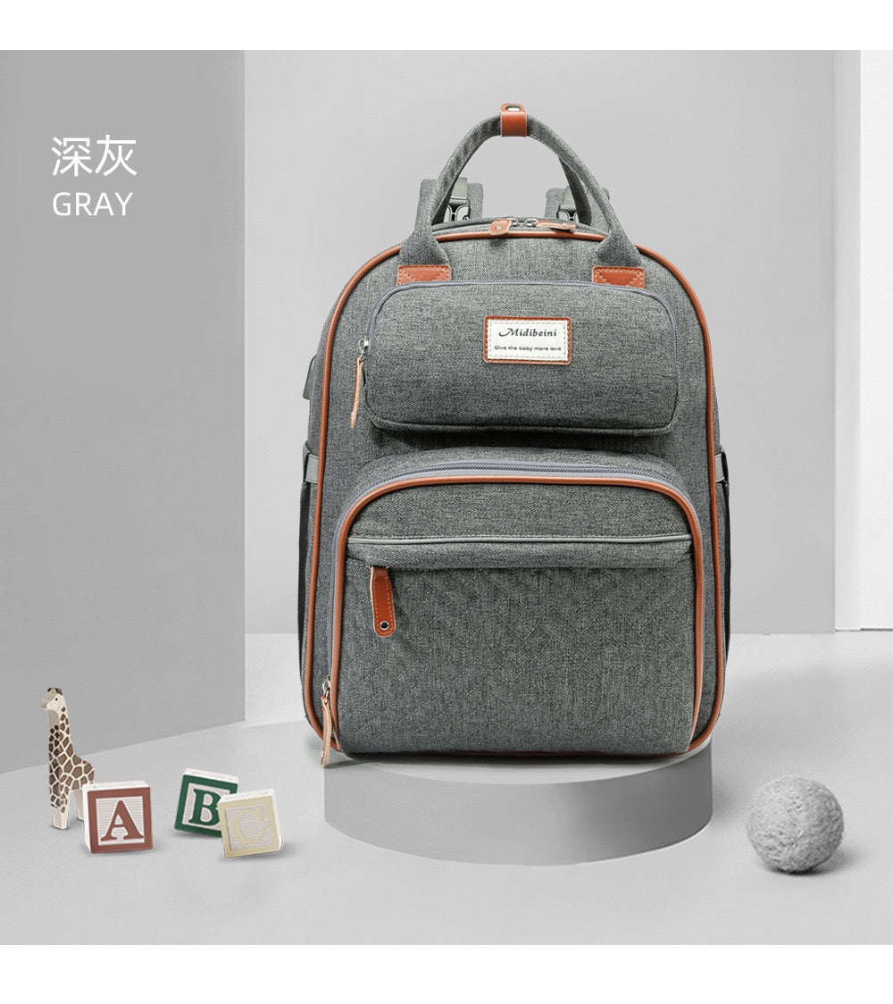 Grey Baby Nappy Diaper Backpack, Foldable Stroller Bag USB Changing Bags Mosquito Net 4122 GALAXY BAGS