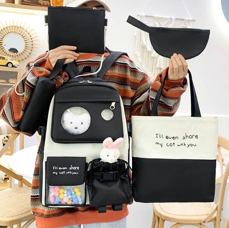 Canvas multiple pocket student college 5pcs Set side bags girls backpack 1225 GALAXY BAGS