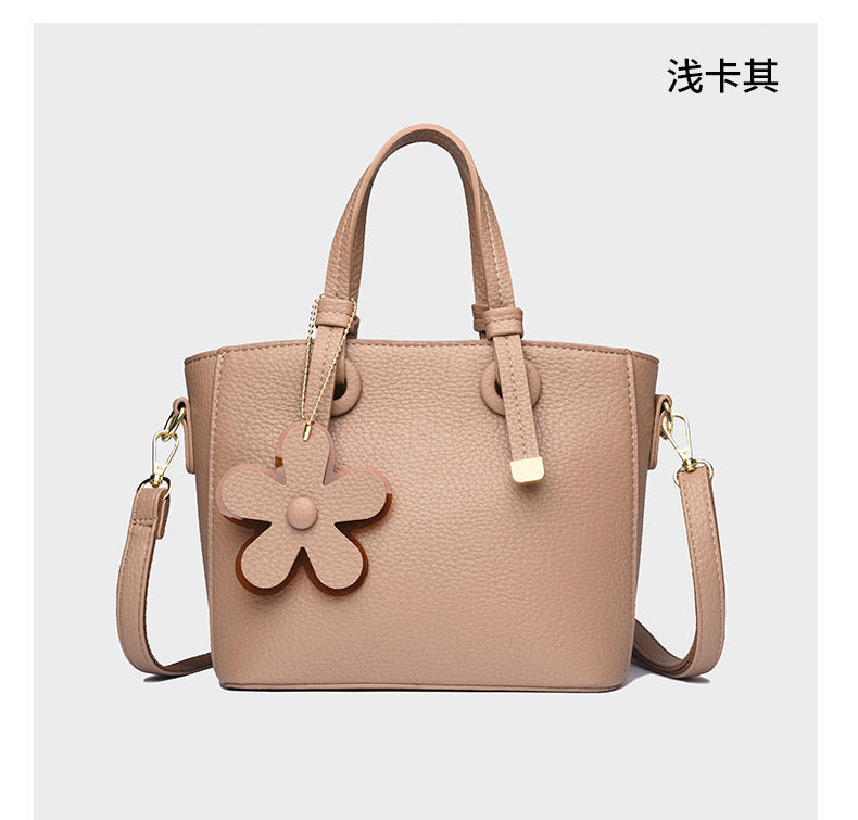 Brown Leather Handbag with Flower Charm – Stylish Women’s Shoulder & Crossbody Bag 8429