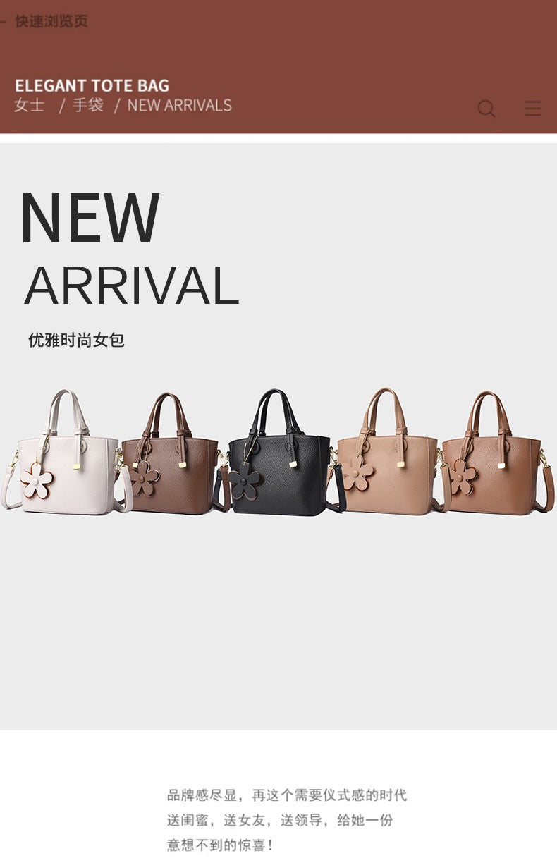 Brown Leather Handbag with Flower Charm – Stylish Women’s Shoulder & Crossbody Bag 8429