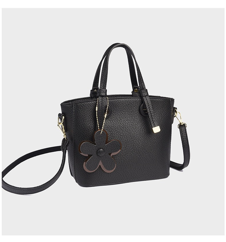 Brown Leather Handbag with Flower Charm – Stylish Women’s Shoulder & Crossbody Bag 8429
