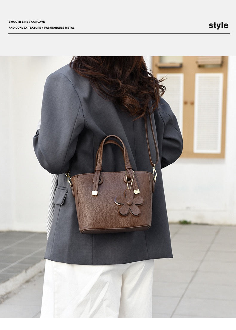 Brown Leather Handbag with Flower Charm – Stylish Women’s Shoulder & Crossbody Bag 8429