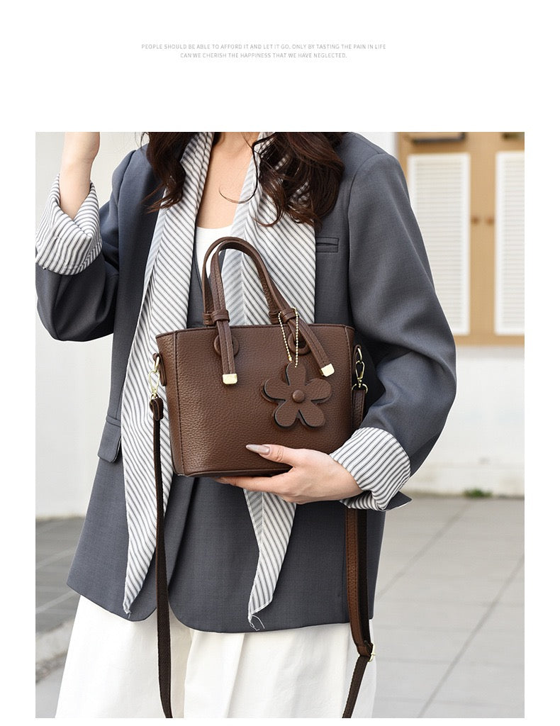 Brown Leather Handbag with Flower Charm – Stylish Women’s Shoulder & Crossbody Bag 8429
