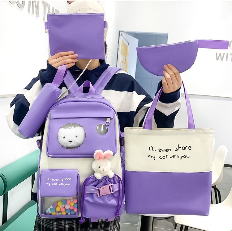 Canvas multiple pocket student college 5pcs Set side bags girls backpack 1225 GALAXY BAGS