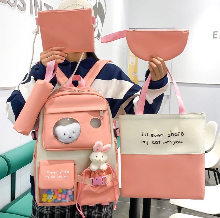 Canvas multiple pocket student college 5pcs Set side bags girls backpack 1225 GALAXY BAGS