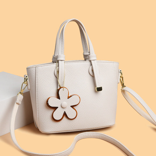 Brown Leather  Handbag with Flower Charm – Stylish Women’s Shoulder & Crossbody Bag 8429