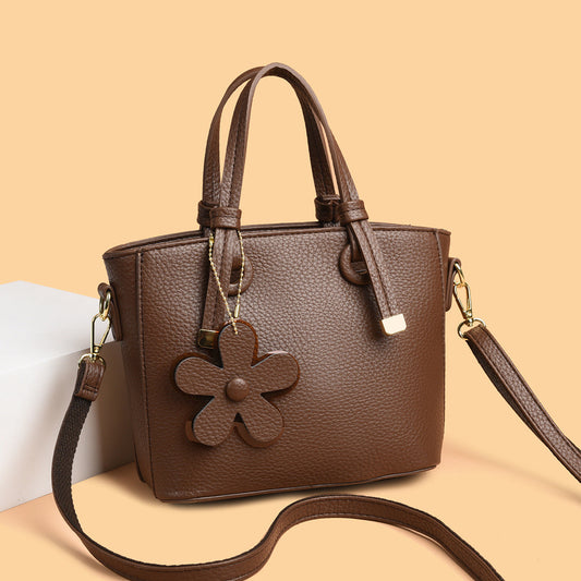 Brown Leather  Handbag with Flower Charm – Stylish Women’s Shoulder & Crossbody Bag 8429