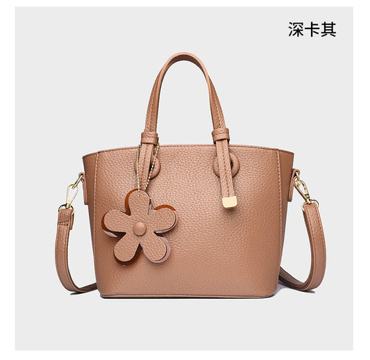 Brown Leather  Handbag with Flower Charm – Stylish Women’s Shoulder & Crossbody Bag 8429